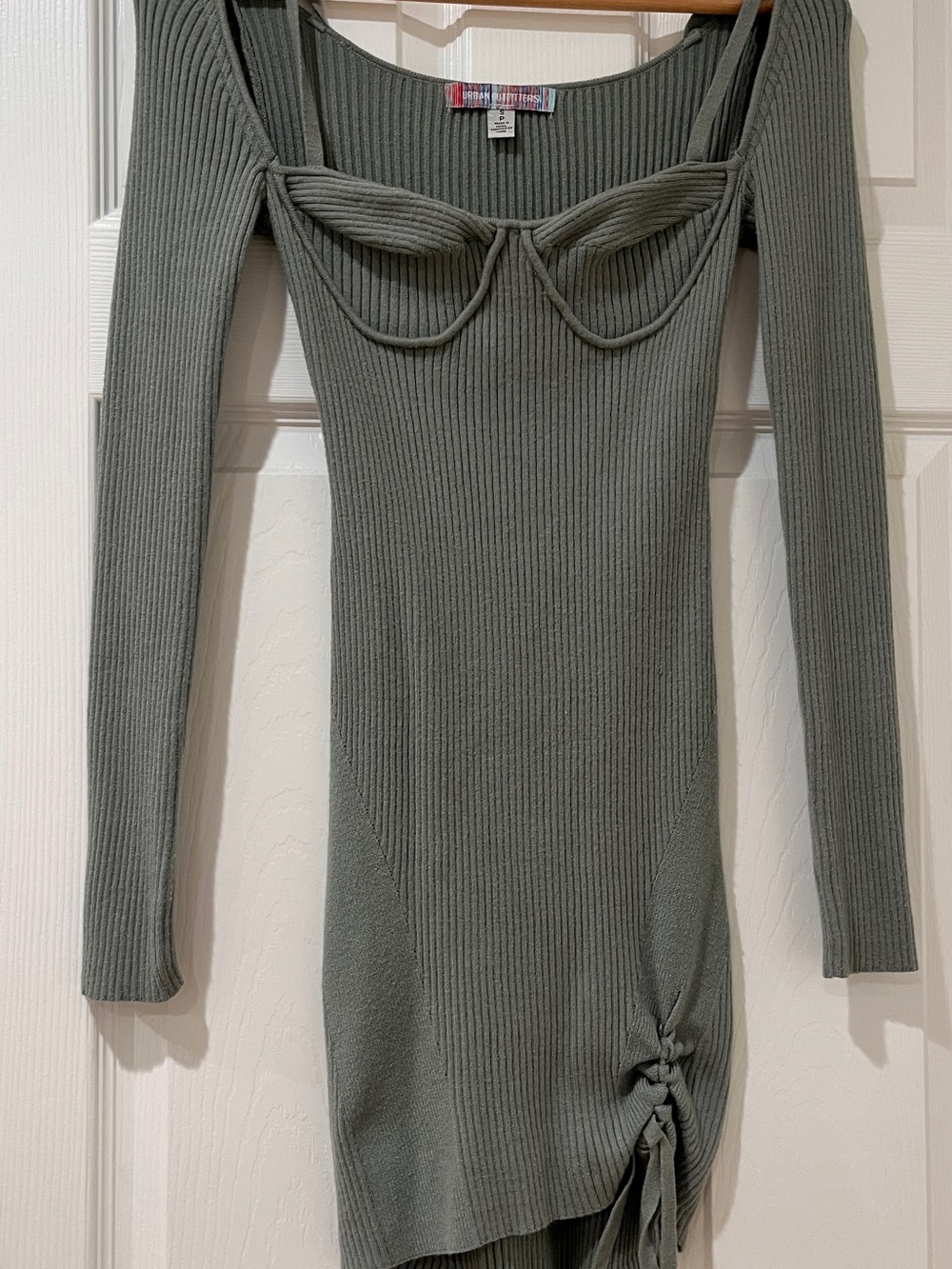 UO Ribbed Long-Sleeve Knit Dress in Sage Green